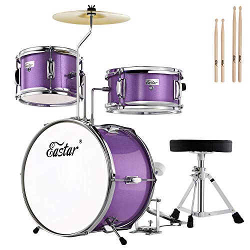 Kids Drum KIt Eastar 3-Piece for Beginners, 14 inch Drum Set with Adjustable Throne, Cymbal, Pedal & Two Pairs of Drumsticks, Junior Drum Set with Bass Tom Snare Drum, Metallic Sky Blue