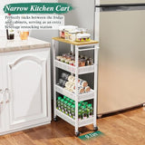 Utility Slim Storage Cart, 4 Tier Small Rolling Kitchen Laundry Room Cart with Wood Top, Metal Narrow Bathroom Storage Cabinet Mobile Shelf Unit Organizer Trolley with Handle for Narrow Space