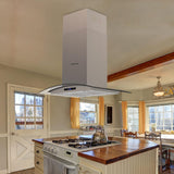 FIREGAS Island Range Hood 36 inch 450 CFM with Chimney,Tempered Glass,4 LED Lights,3 Speed Fan,Touch Control,Permanent Filter,Charcoal Filter,Stainless Steel,Island Mount,Ceiling Mount